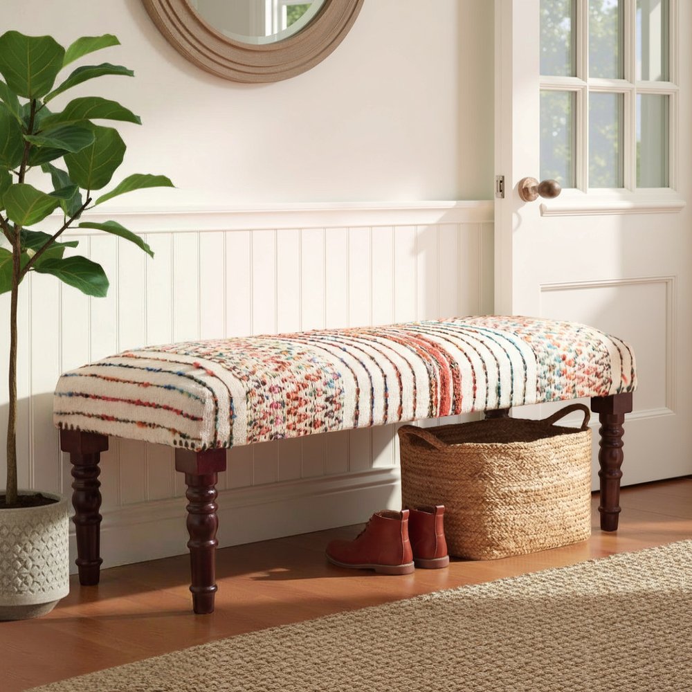 47" Ivory Red and Pink Black Leg Chevron Stripe Upholstered Bench