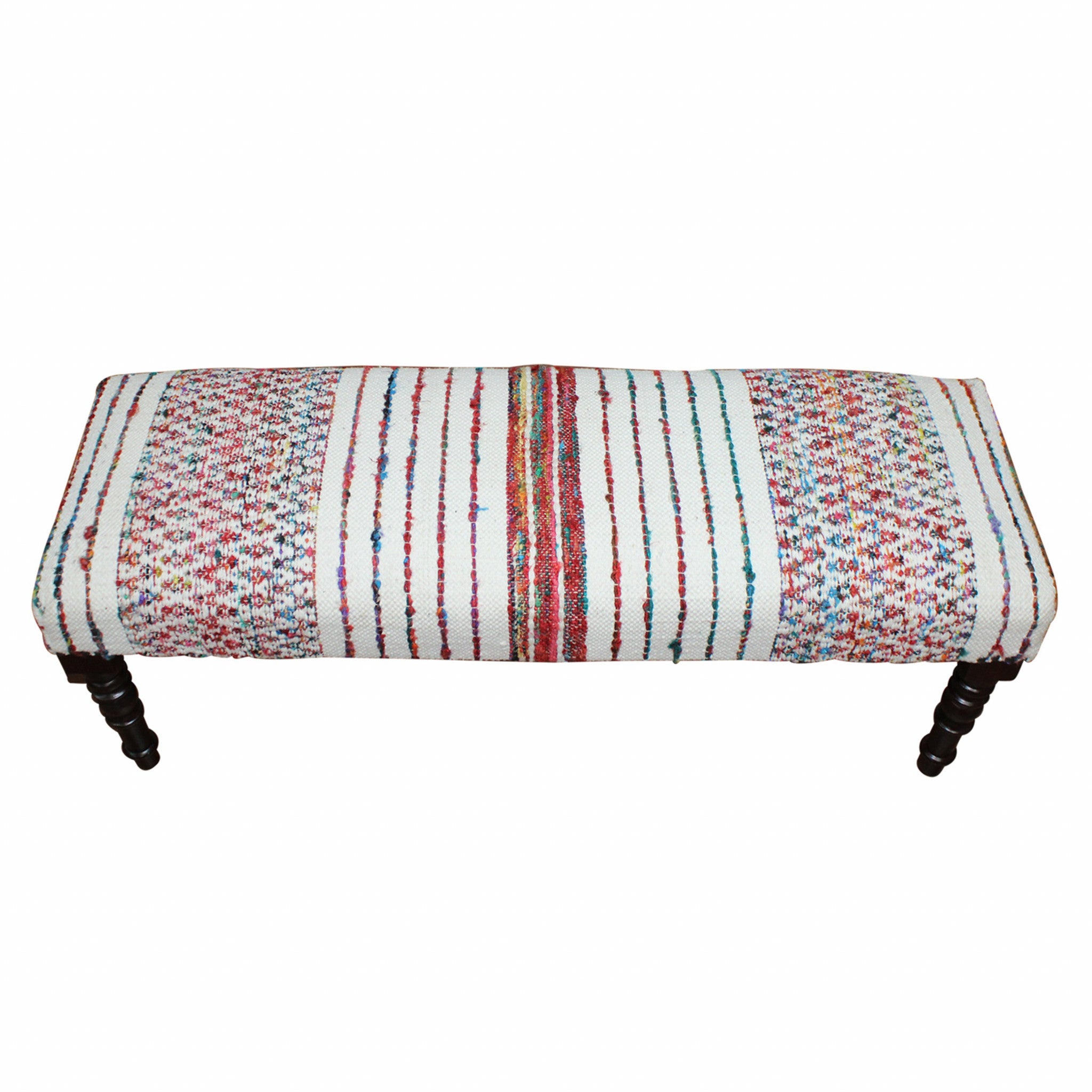47" Ivory Red and Pink Black Leg Chevron Stripe Upholstered Bench