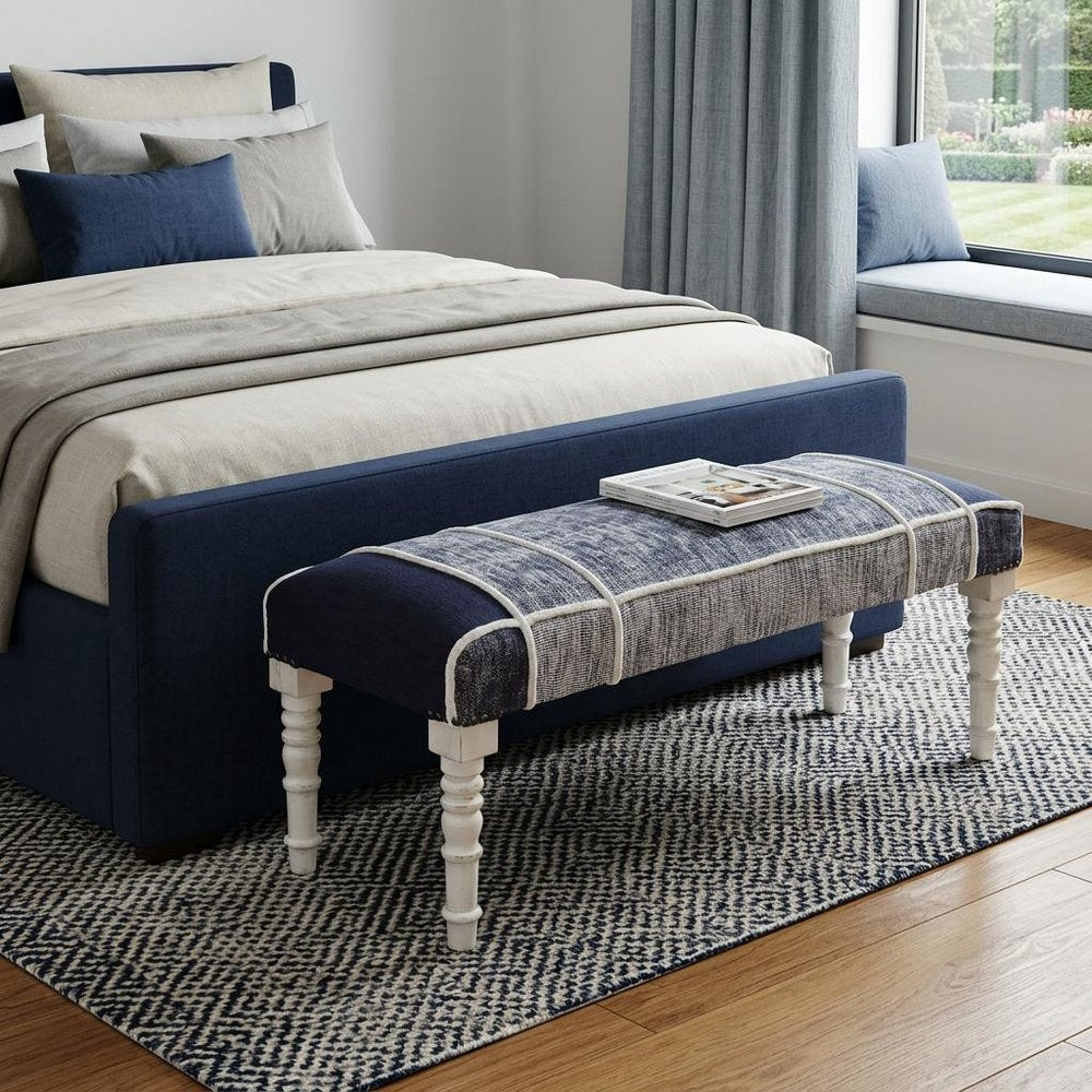 47" Blue And Gray Textural White Leg Upholstered Bench