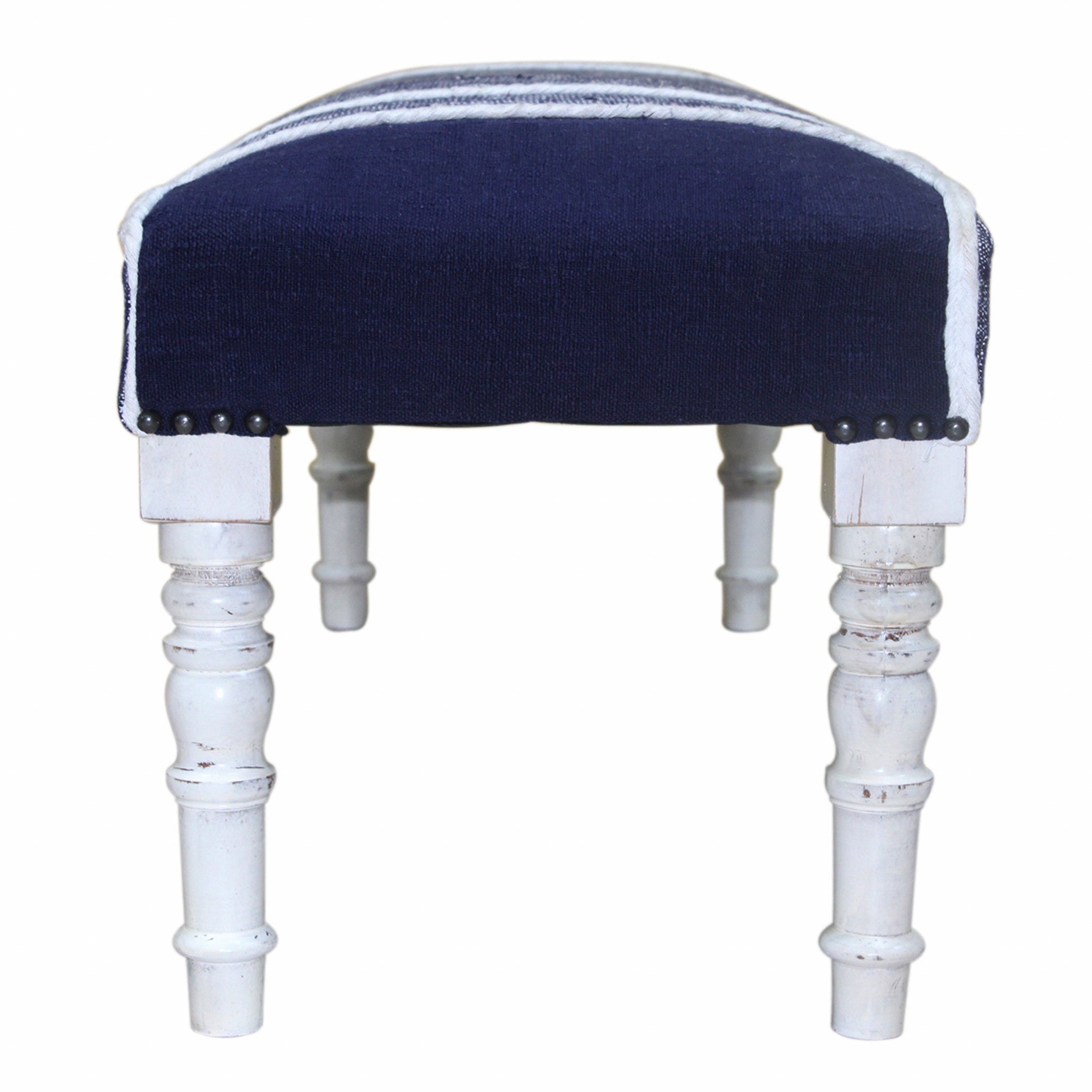 47" Blue And Gray Textural White Leg Upholstered Bench