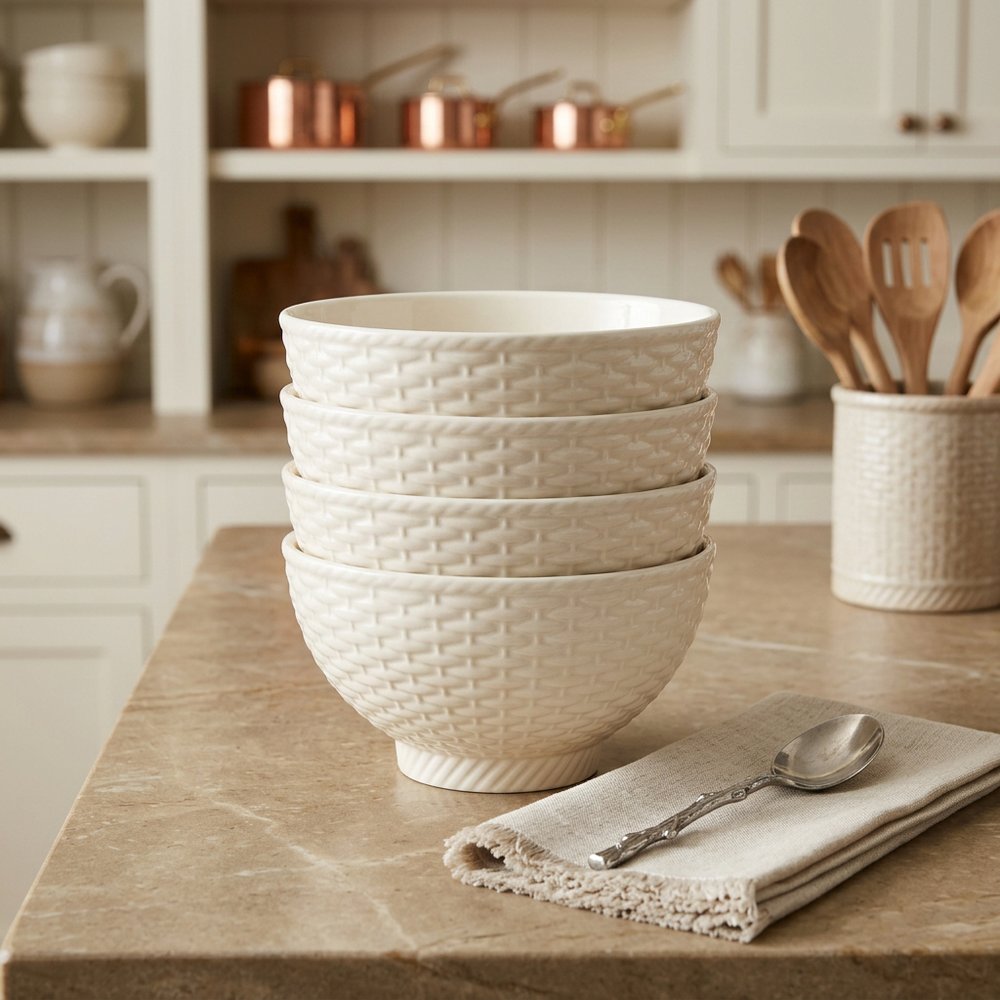 White Four Piece Weave Stoneware Service For Four Bowl Set