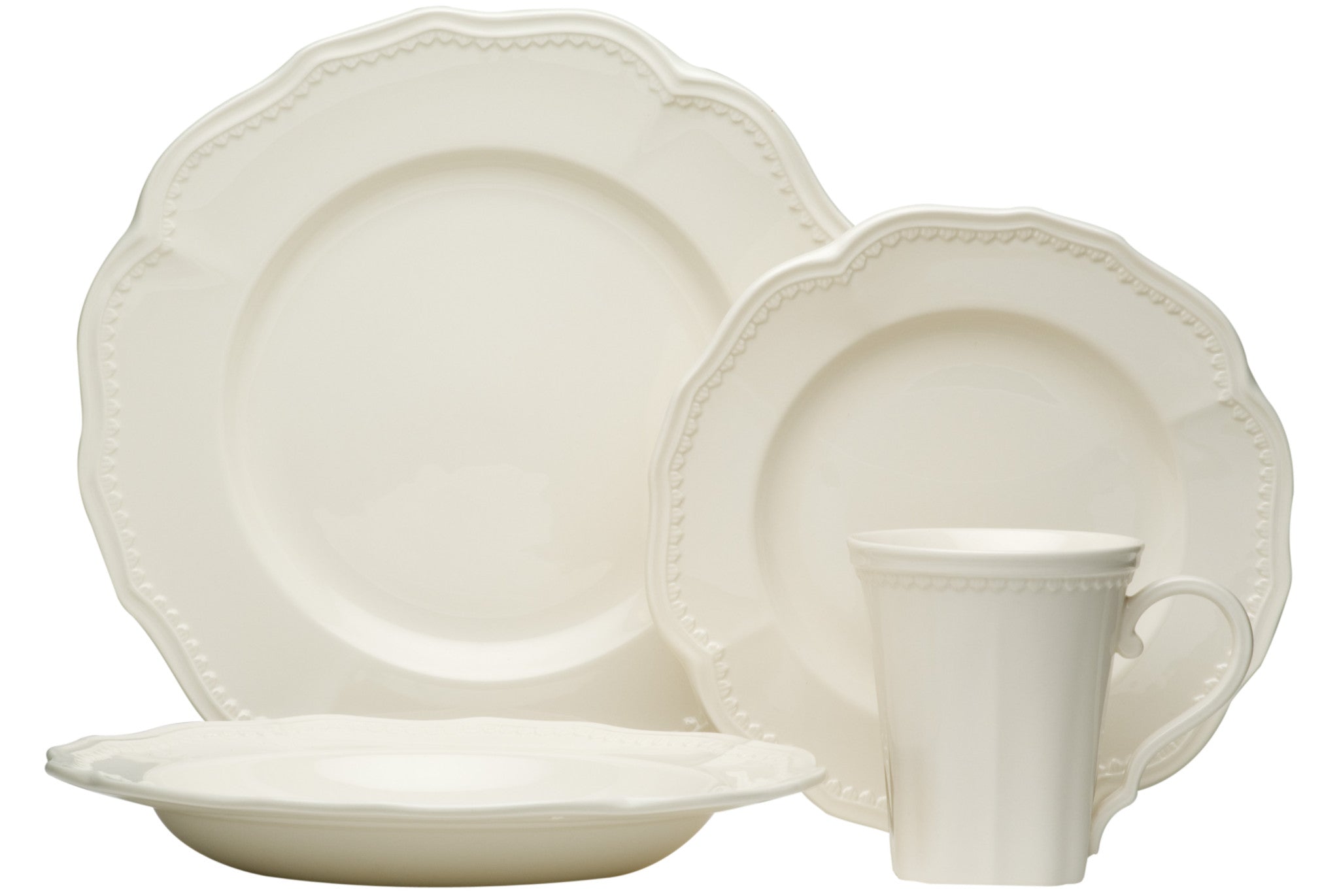 White Four Piece Scallop Stoneware Service For Four Dinner Plate Set