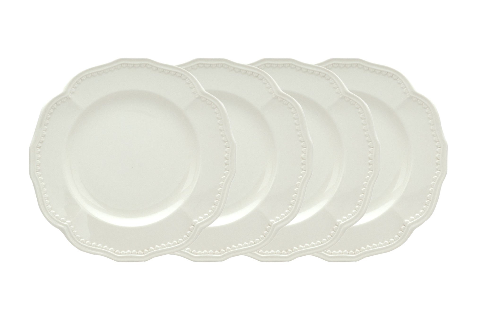 White Four Piece Round Scallop Stoneware Service For Four Salad Plate Set