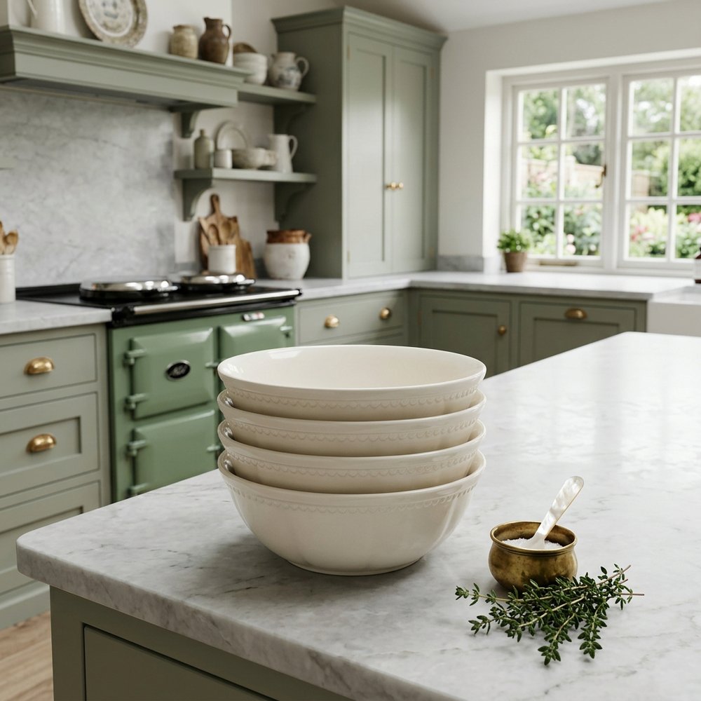 White Four Piece Round Scallop Stoneware Service For Four Bowl Set