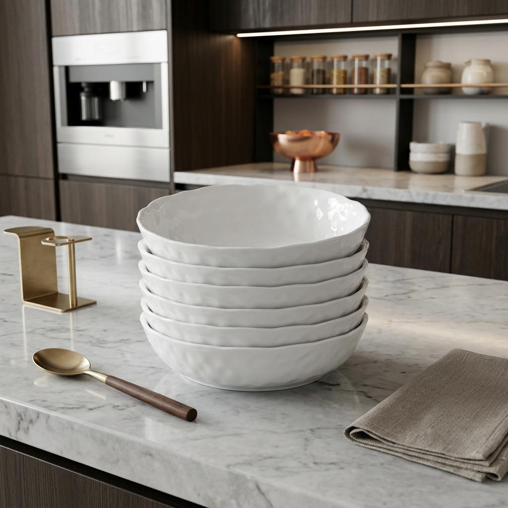 White Six Piece Round Pebbled Porcelain Service For Six Bowl Set