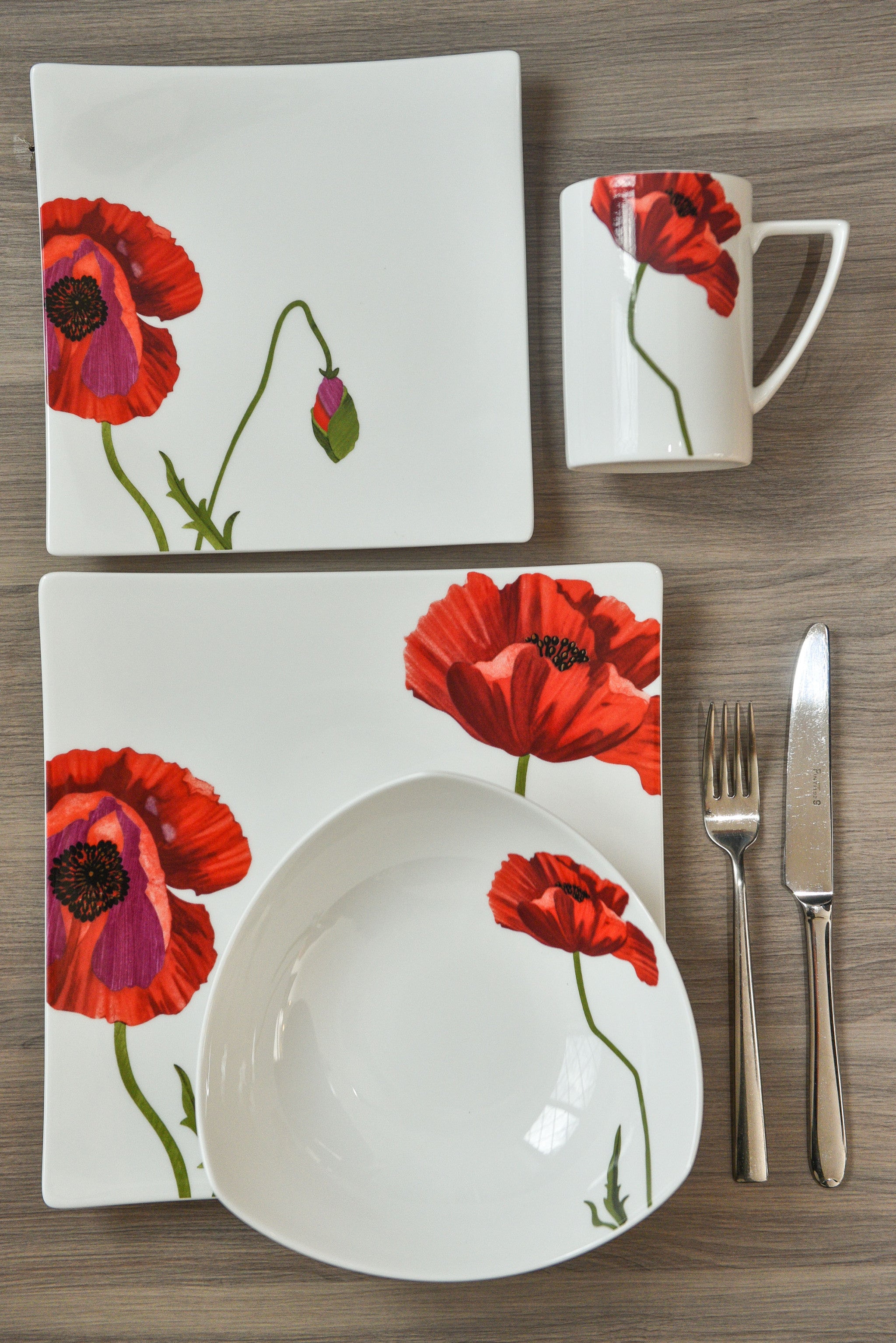 Red and White Six Piece Square Floral Bone China Service For Six Salad Plate Set