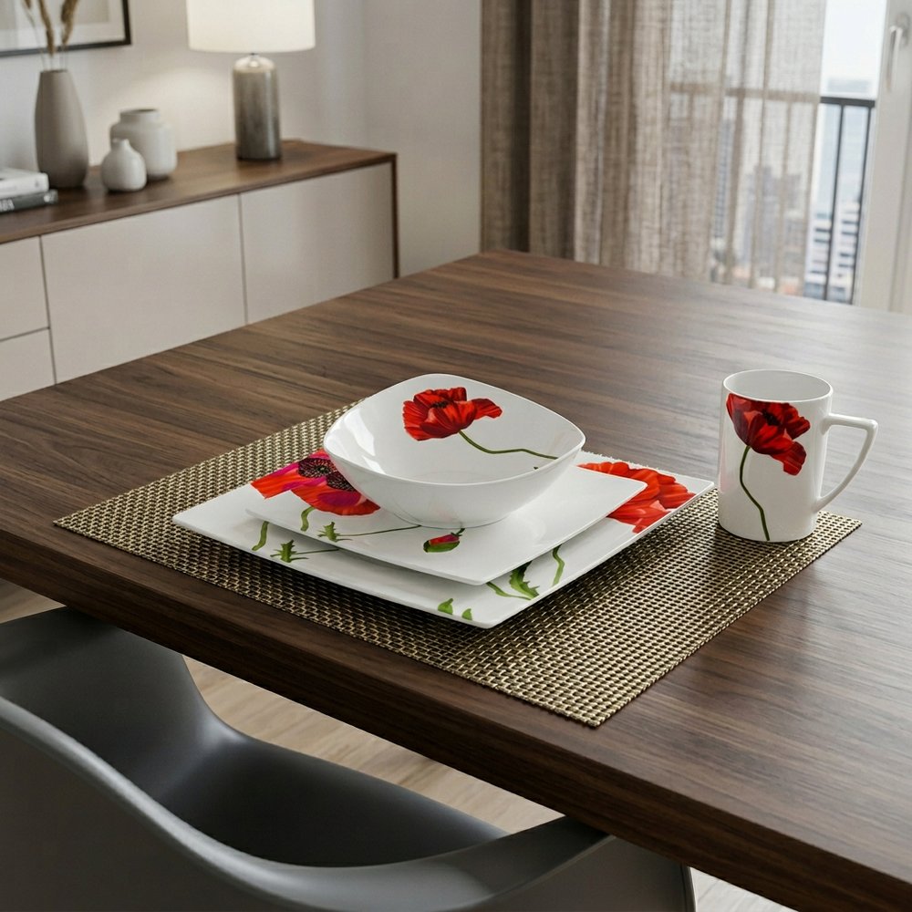 Red and White Four Piece Square Floral Bone China Dinnerware Set