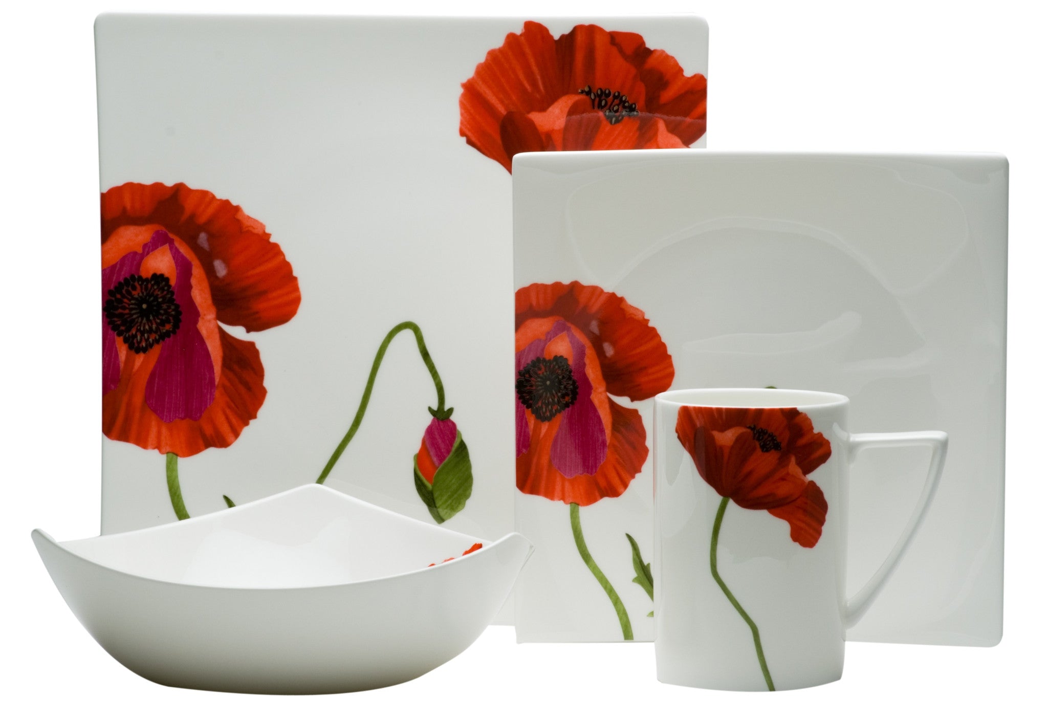 Red and White Four Piece Square Floral Bone China Dinnerware Set