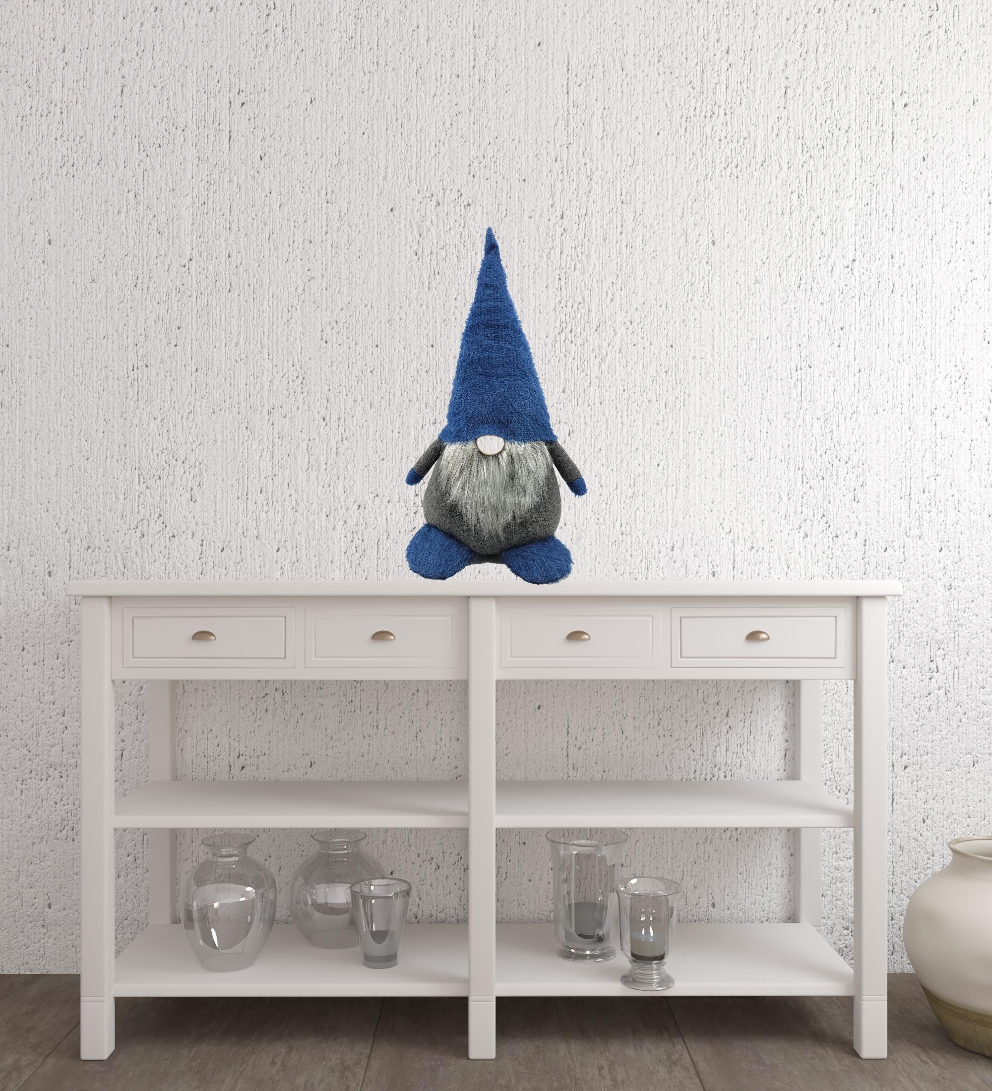 23" Blue And Gray Fabric Standing Gnome Sculpture