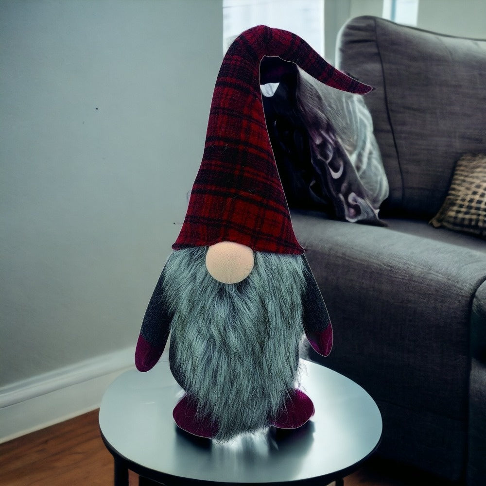 29" Red And Black Plaid Fabric Standing Gnome
