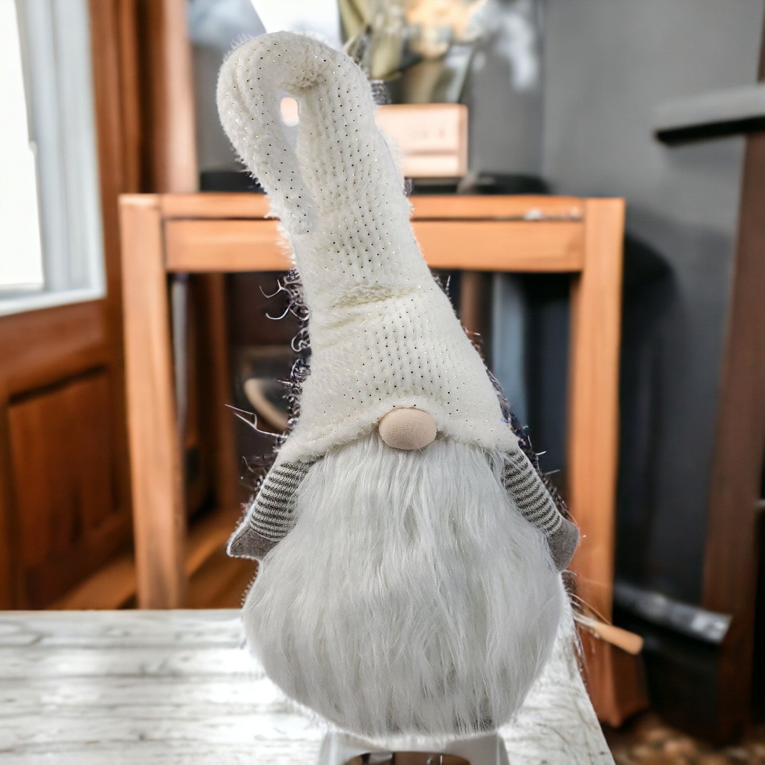 32" White with Long Hat Fabric Sitting Gnome Sculpture