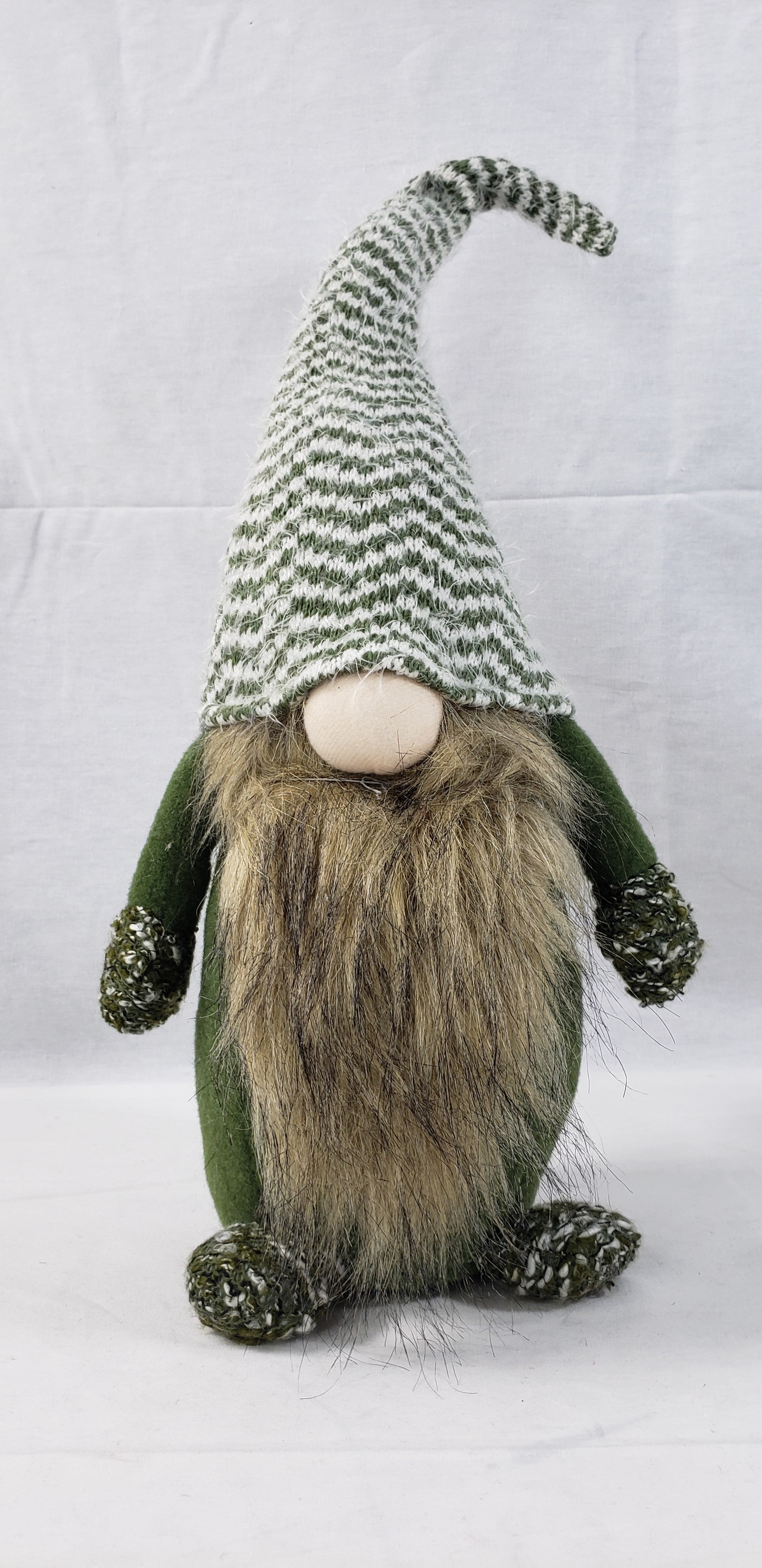 20" Green and White Chevron Hat Fabric Standing Gnome Sculpture