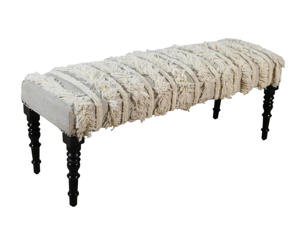 47" Cream Textural Boho Stripe Black Leg Upholstered Bench