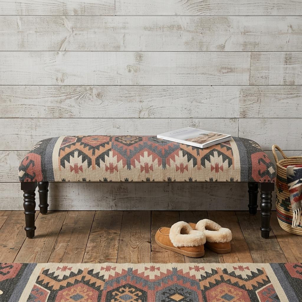 47" Beige Brown and Rust and Black Jute and Wool Blend Upholstered Southwest Distressed Bench