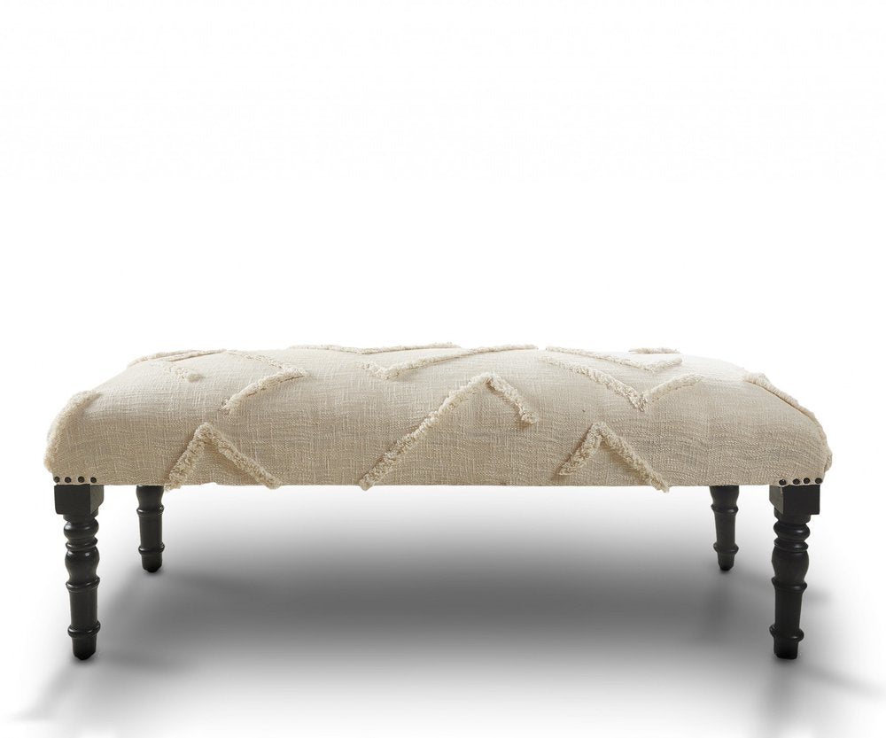47" Cream and Black Cotton Upholstered Geometric Bench
