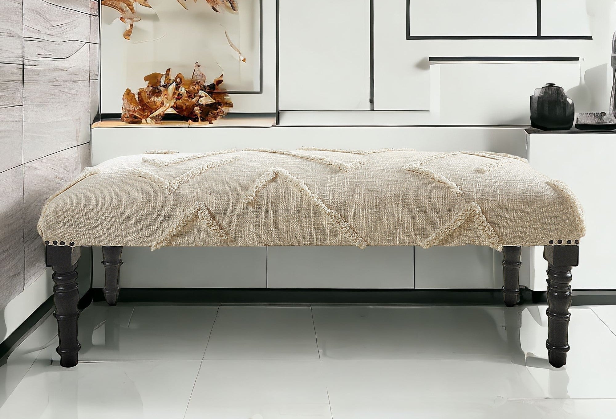 47" Cream And Black Leg Abstract Upholstered Bench