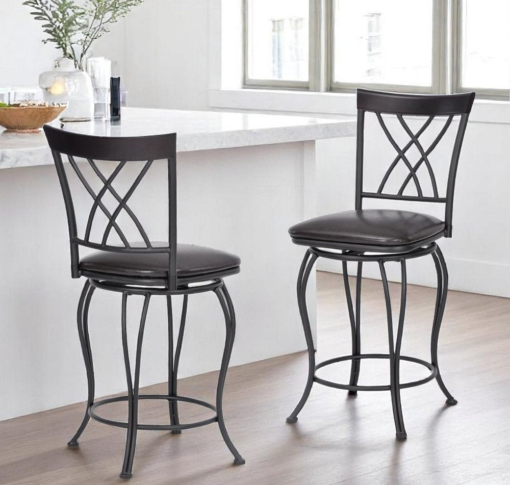 Set of Two 24" Black Manufactured Wood and Steel Counter Height Swivel Bar Chairs