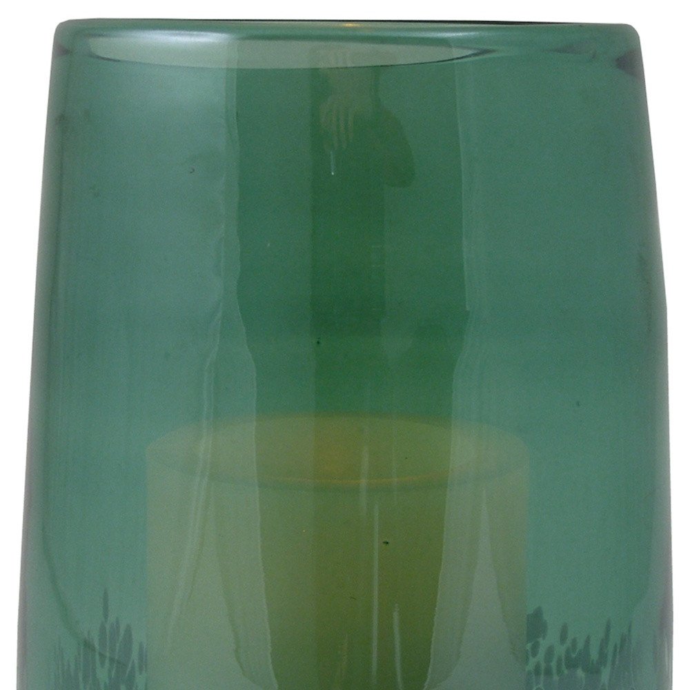8" Green And White Glass Tabletop Hurricane Candle Holder With Candle