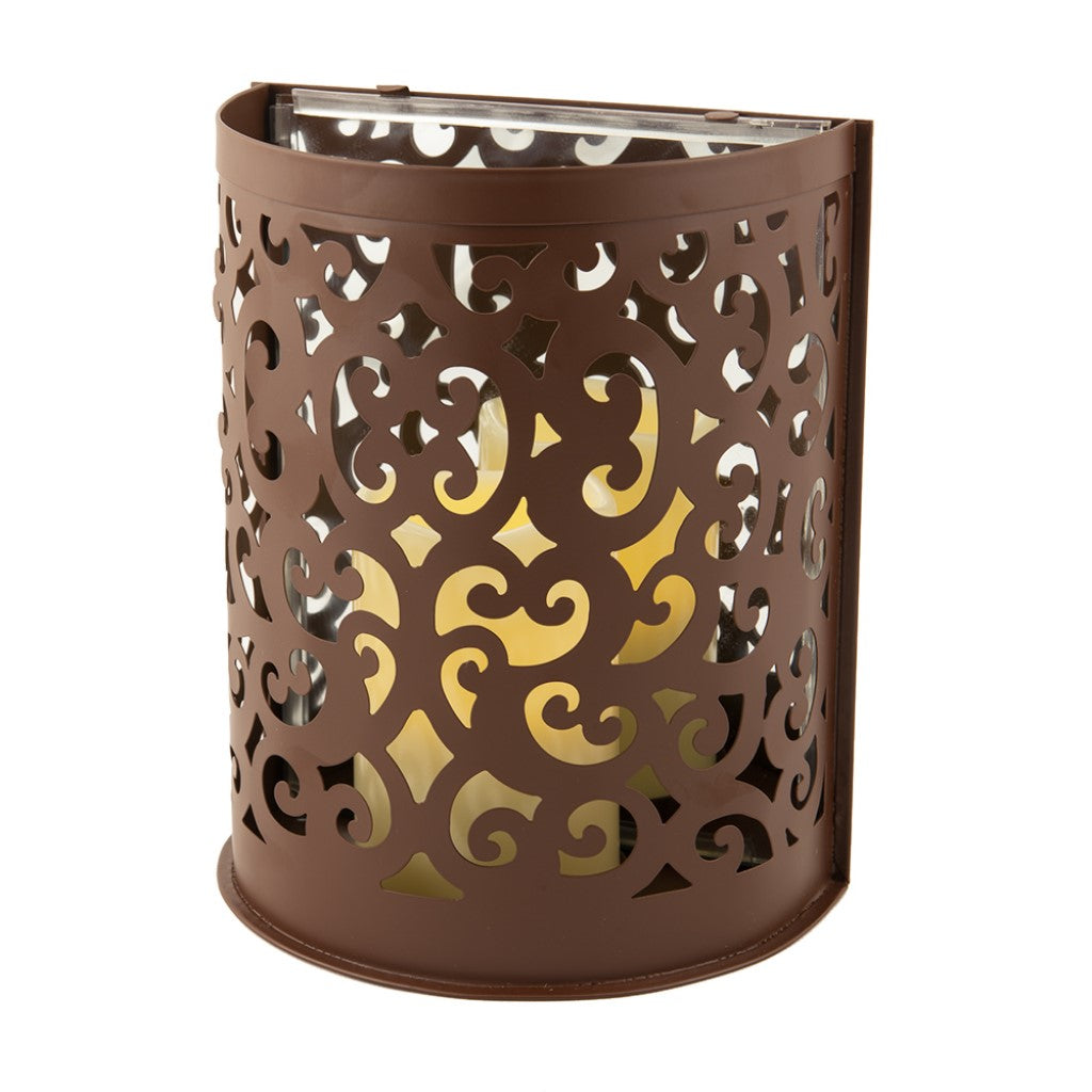 9" Brown Iron Floral Wall Sconce Candle Holder With Candle