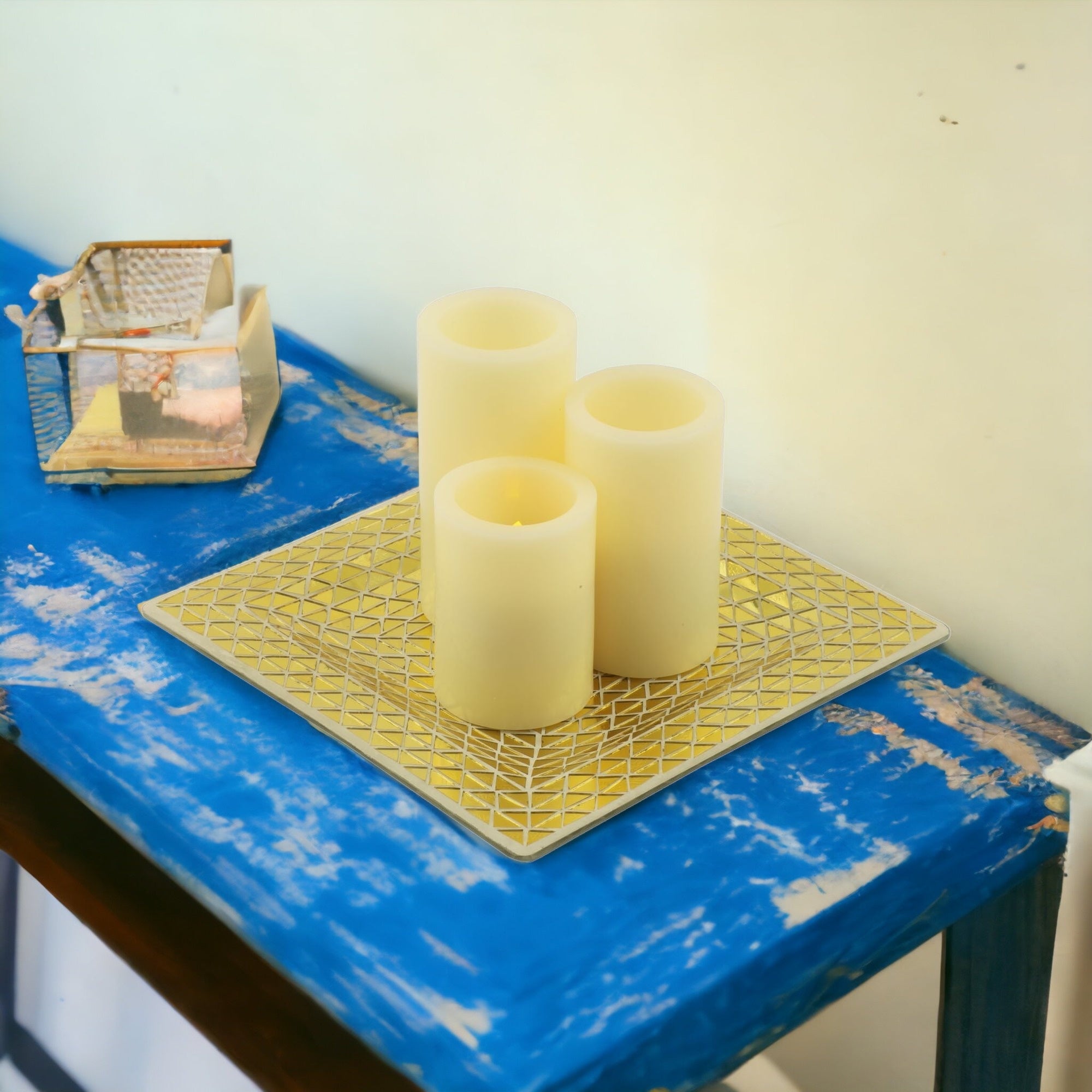 Set of Three Ivory Flameless Pillar Candles With Gold Tray Holder