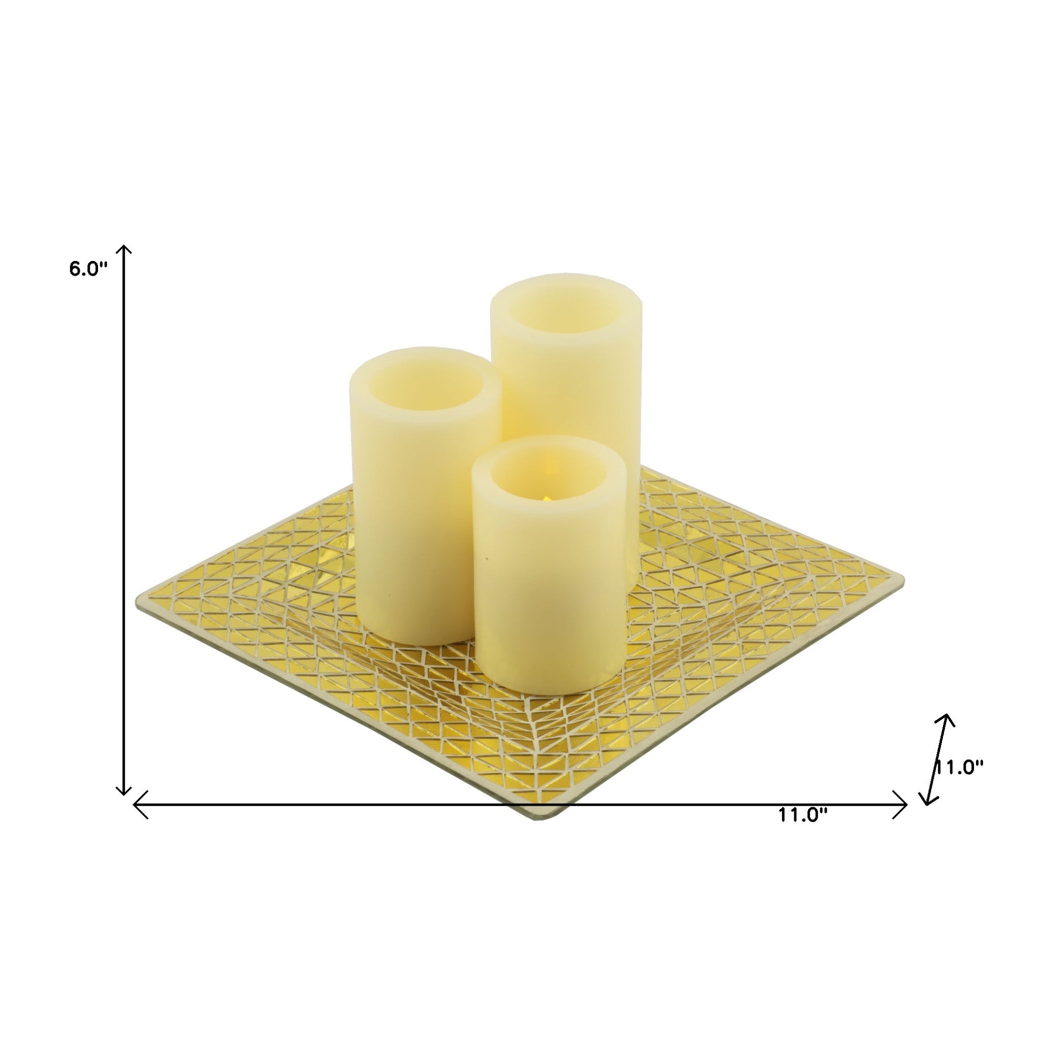 Set of Three Ivory Flameless Pillar Candles With Gold Tray Holder