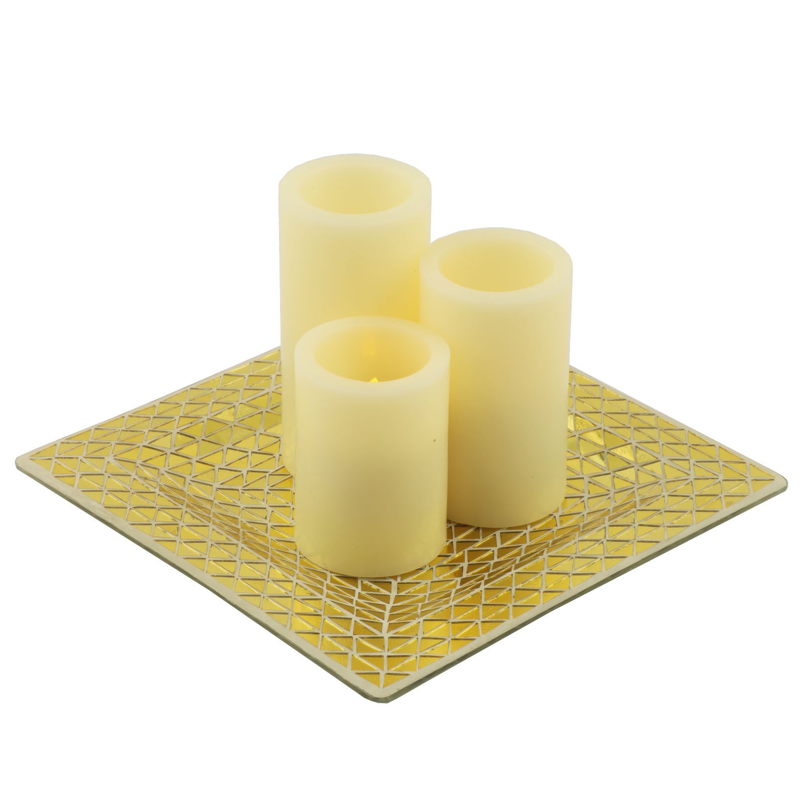 Set of Three Ivory Flameless Pillar Candles With Gold Tray Holder