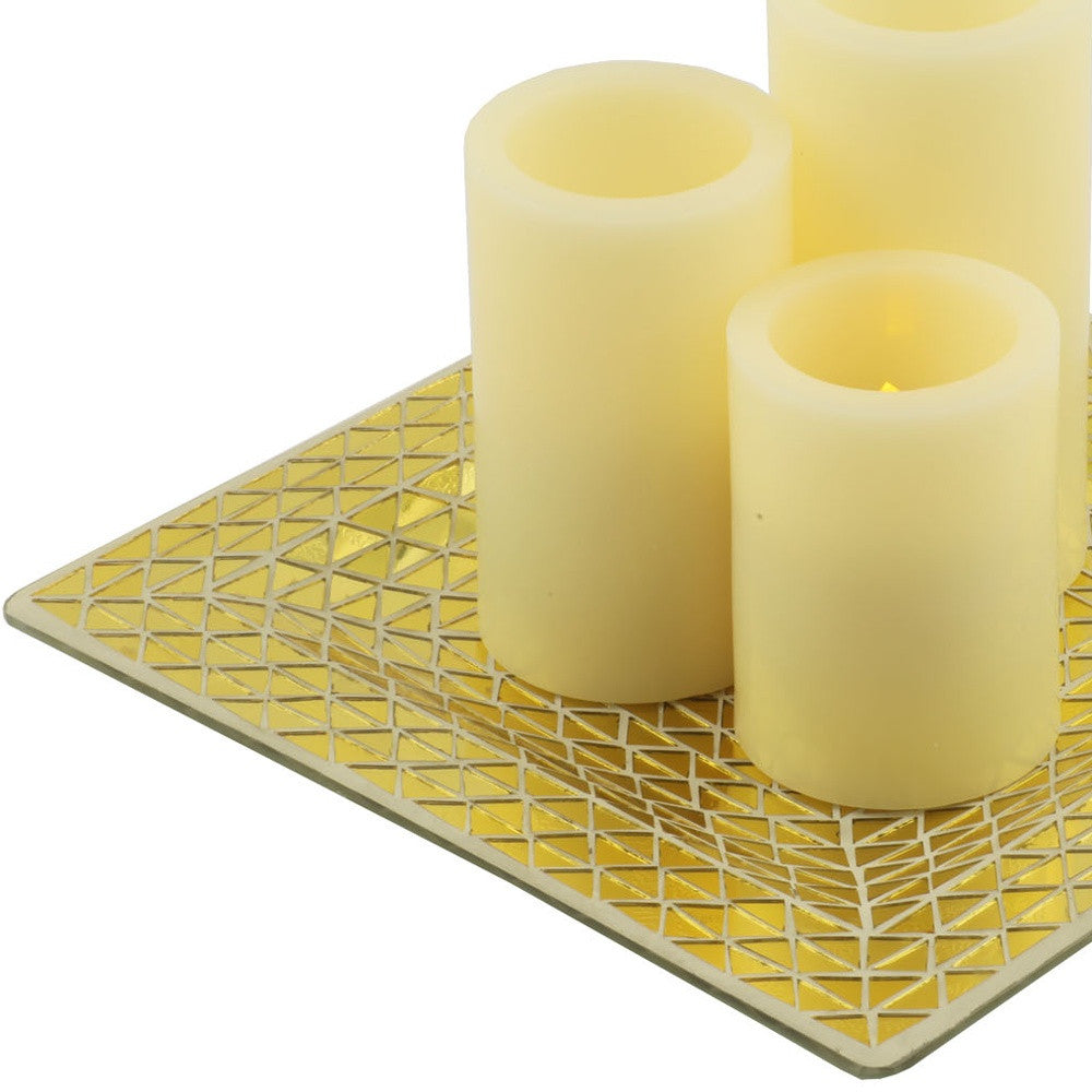 Set of Three Ivory Flameless Pillar Candles With Gold Tray Holder