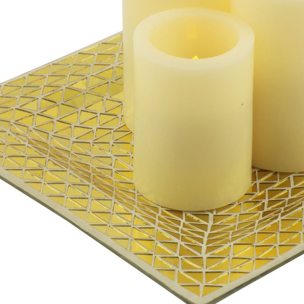 Set of Three Ivory Flameless Pillar Candles With Gold Tray Holder