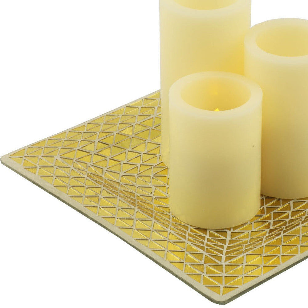 Set of Three Ivory Flameless Pillar Candles With Gold Tray Holder