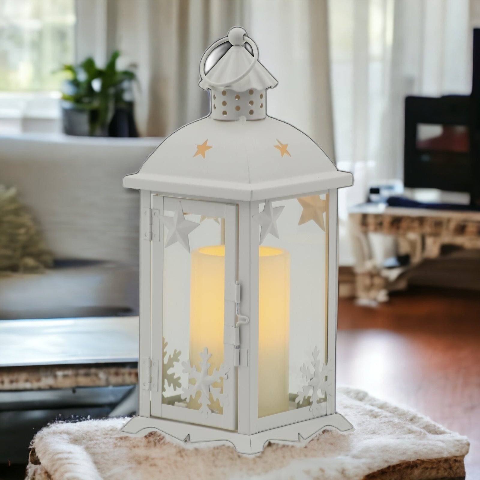 12" White Metal Tabletop Lantern Candle Holder With Candle