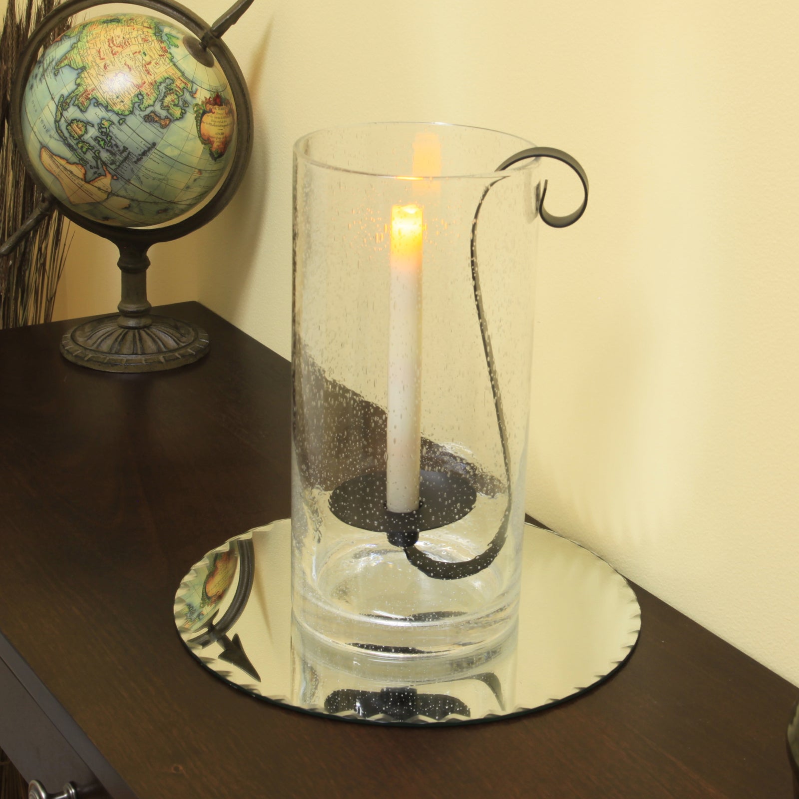 12" Light Gray Seeded Glass Centerpiece Taper Candle Holder With Candle