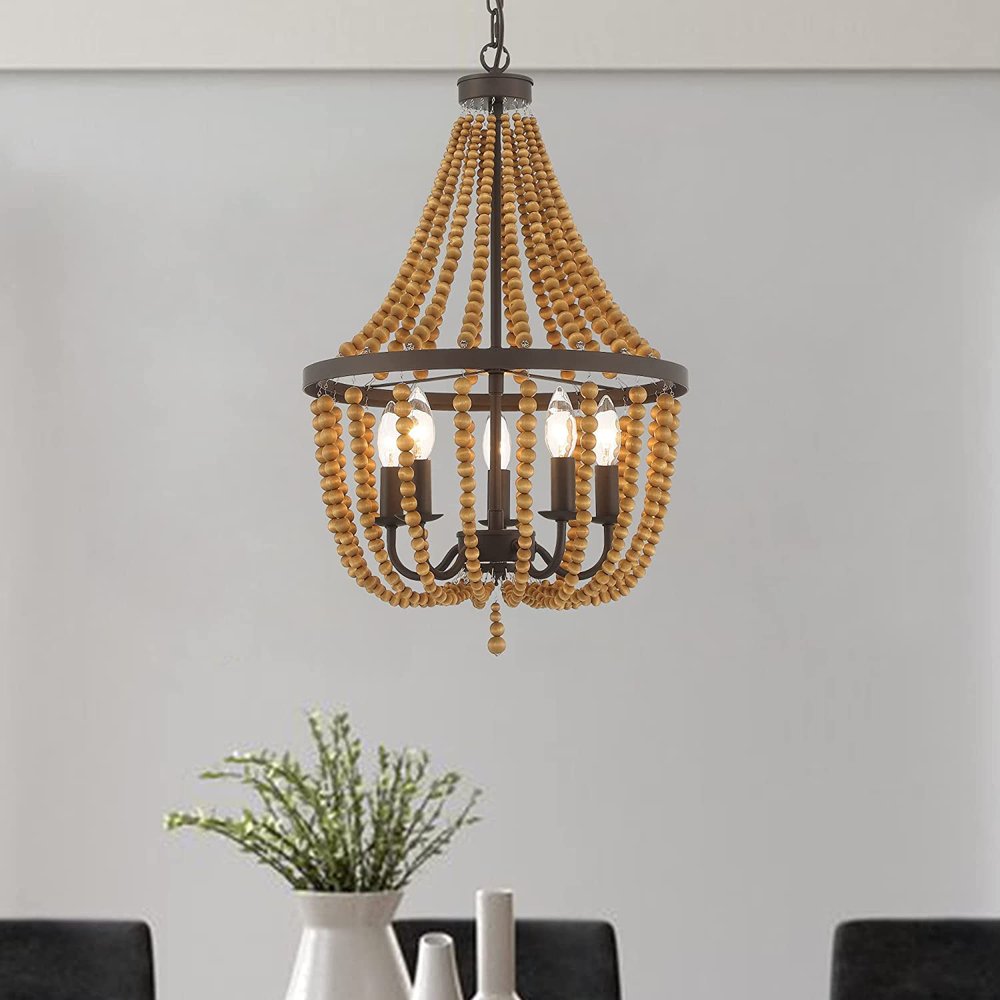 Brown And Black Candle Style Five Light Metal Dimmable Chandelier