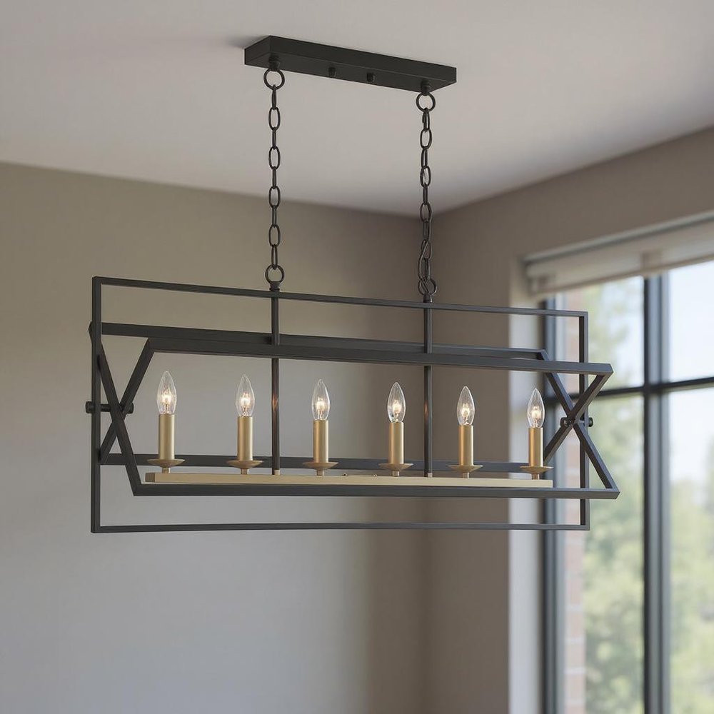 Black And Gold Kitchen Island Six Light Metal Dimmable Chandelier
