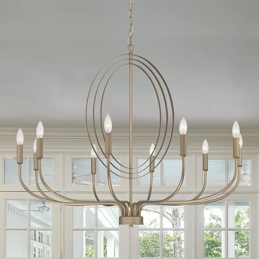 Brass Candle Style Ten Light Metal Dimmable Chandelier