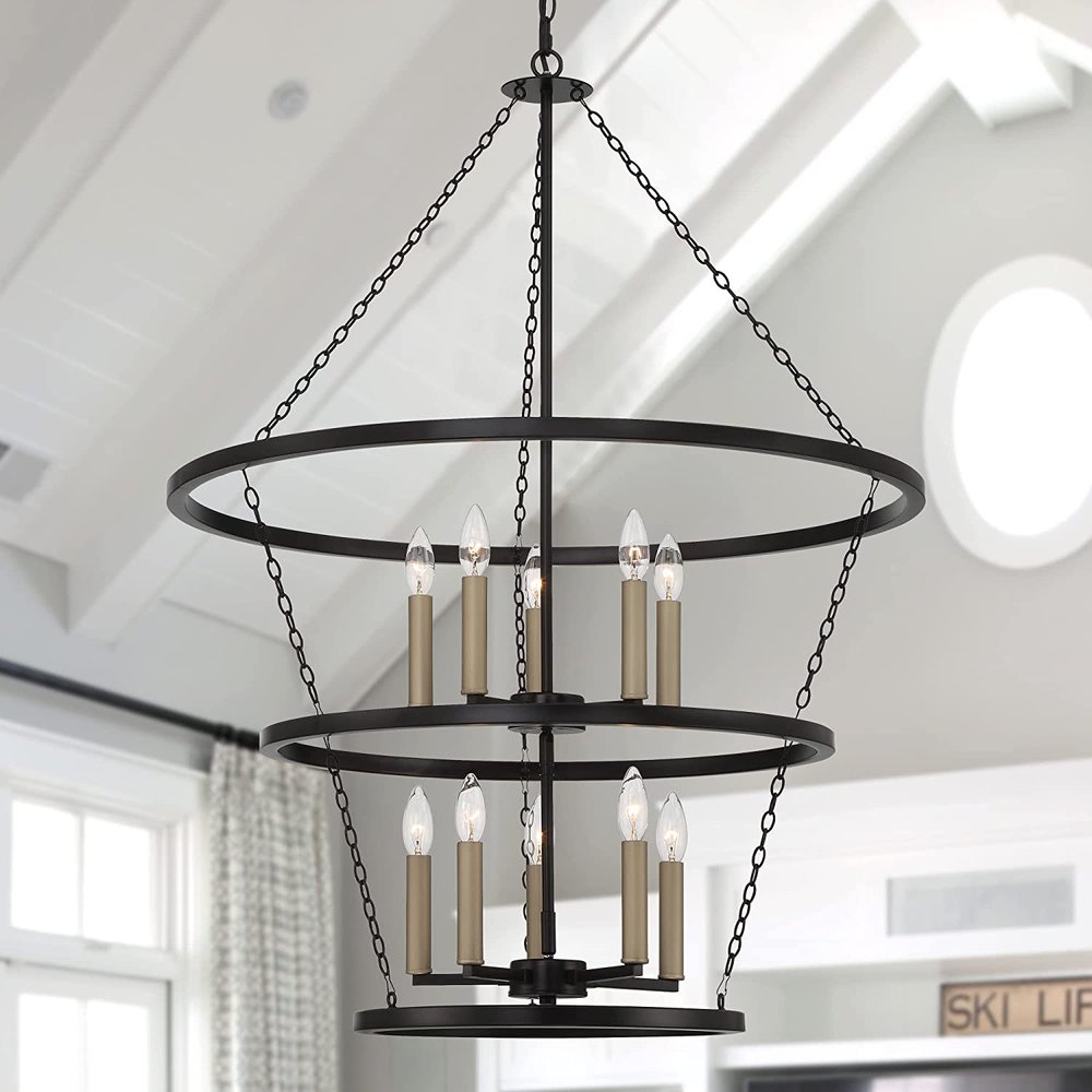 Black And Gold Candle Style Ten Light Metal Dimmable Chandelier