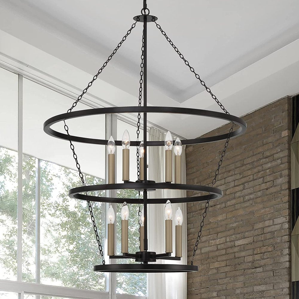 Black And Gold Candle Style Ten Light Metal Dimmable Chandelier