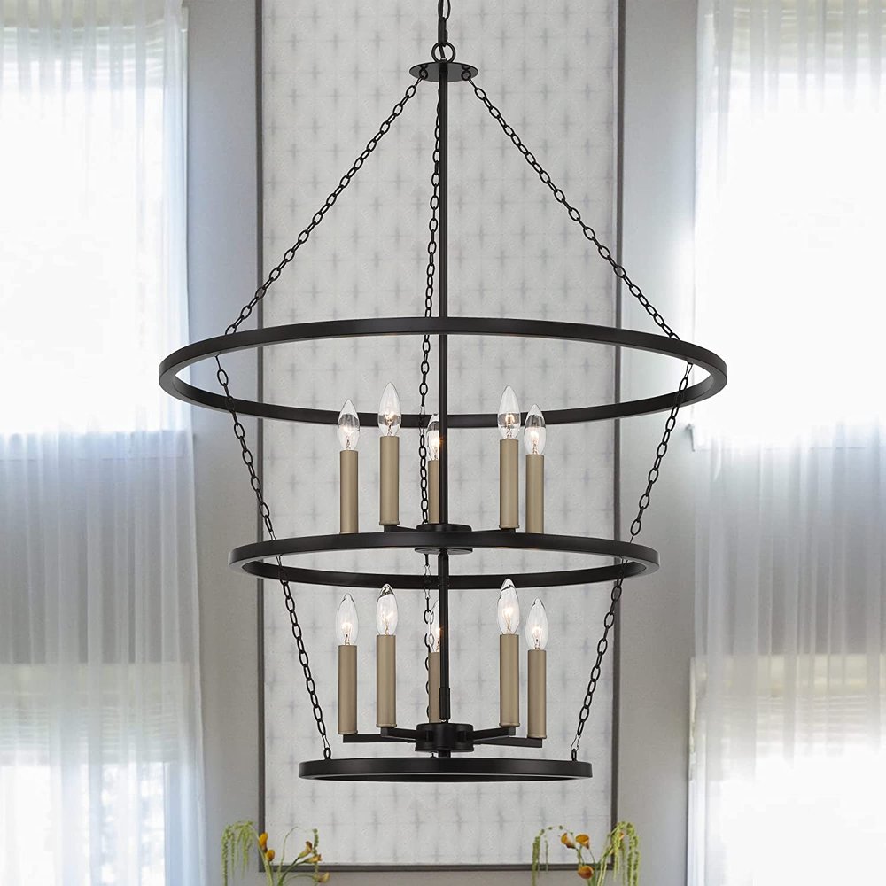 Black And Gold Candle Style Ten Light Metal Dimmable Chandelier