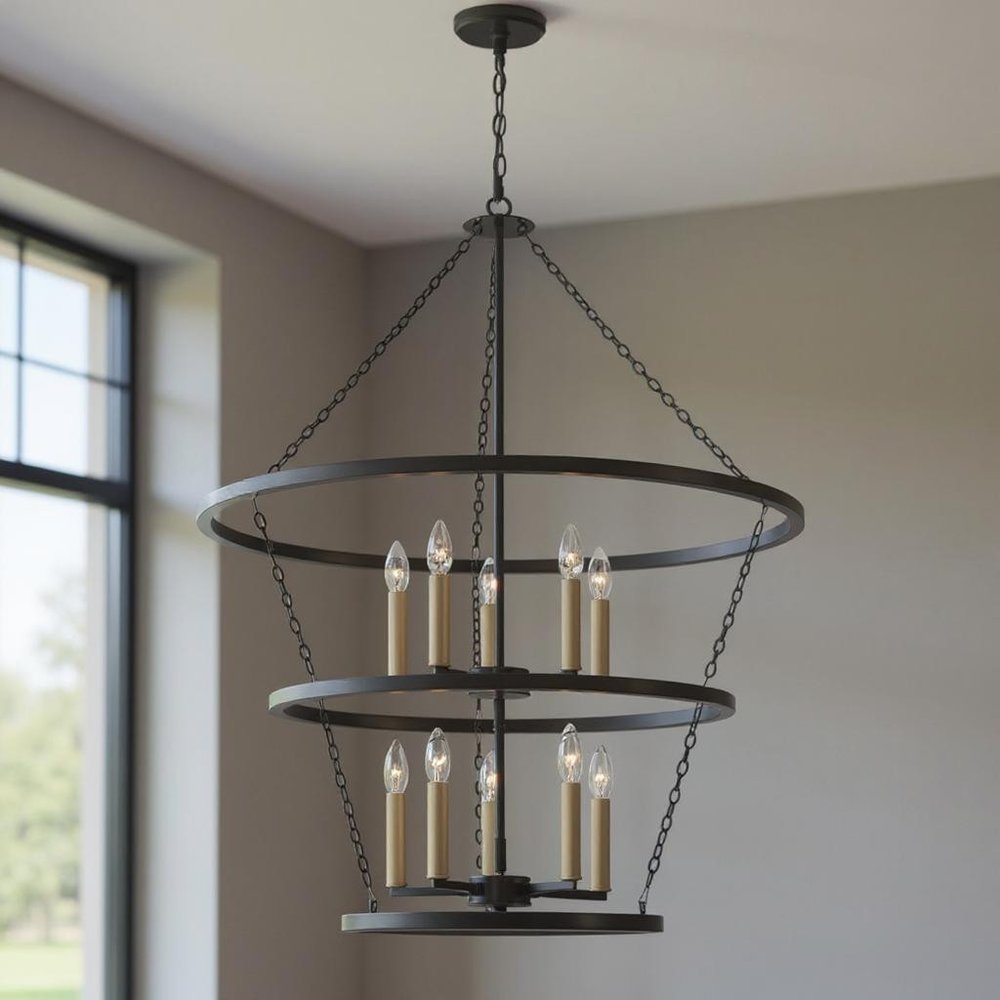 Black And Gold Candle Style Ten Light Metal Dimmable Chandelier
