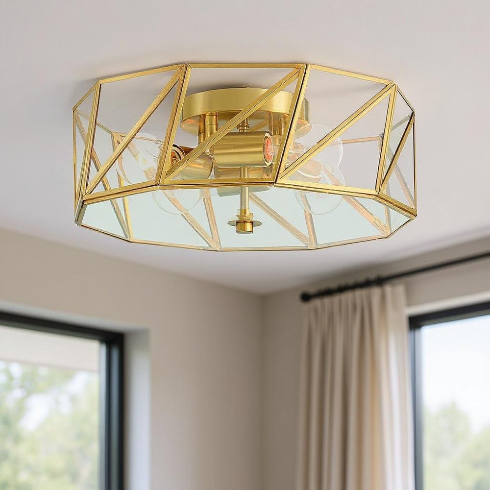 Brass Unique Statement Four Light Metal Dimmable Flush Chandelier With Clear Shades