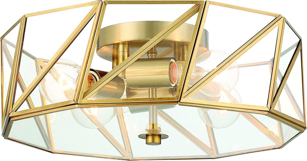 Brass Unique Statement Four Light Metal Dimmable Flush Chandelier With Clear Shades
