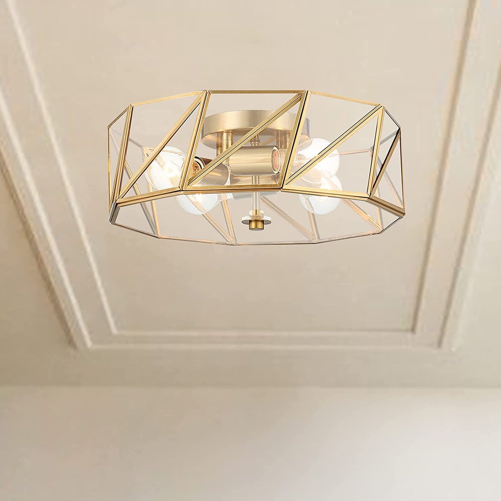 Brass Unique Statement Four Light Metal Dimmable Flush Chandelier With Clear Shades
