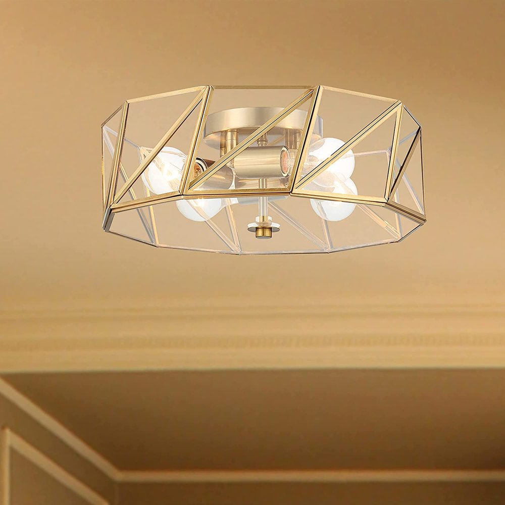 Brass Unique Statement Four Light Metal Dimmable Flush Chandelier With Clear Shades