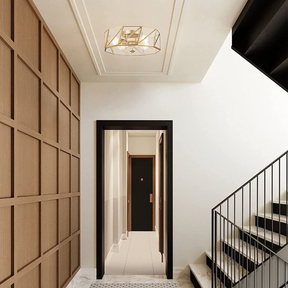 Brass Unique Statement Four Light Metal Dimmable Flush Chandelier With Clear Shades