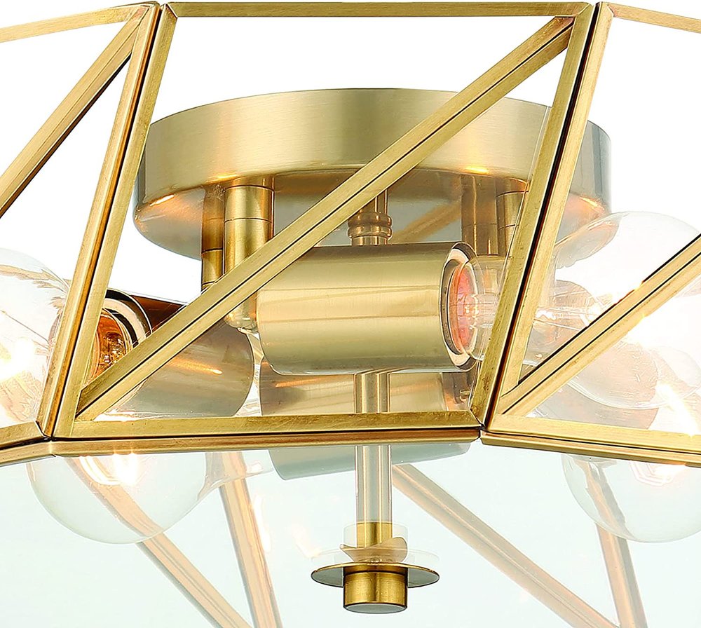 Brass Unique Statement Four Light Metal Dimmable Flush Chandelier With Clear Shades