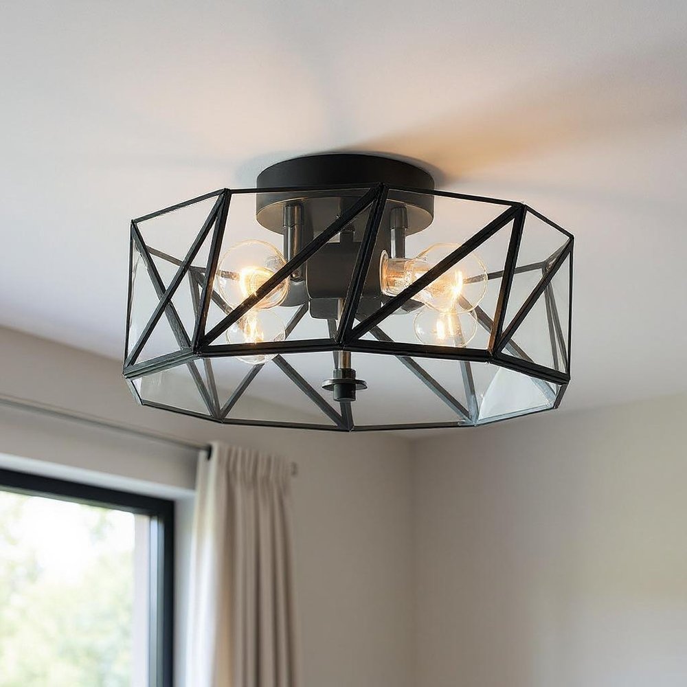 Black Unique Statement Four Light Metal Dimmable Flush Chandelier With Clear Shades