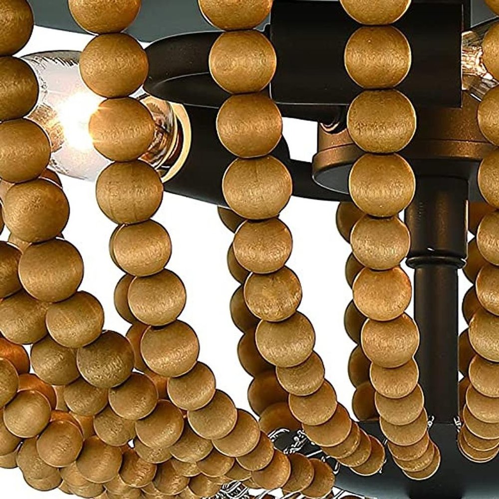 Brown And Black Wood Bead Three Light Flush Mount Ceiling Light