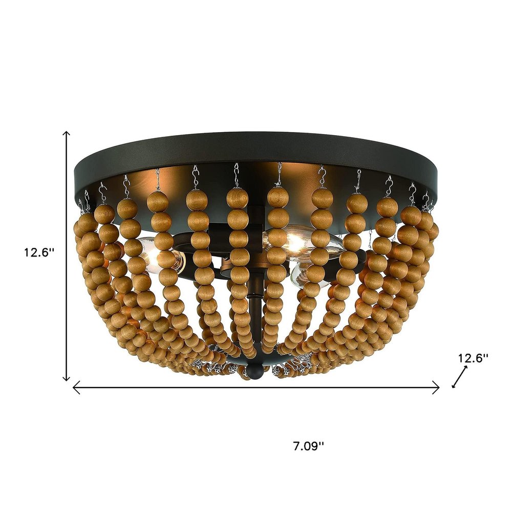 Brown And Black Wood Bead Three Light Flush Mount Ceiling Light