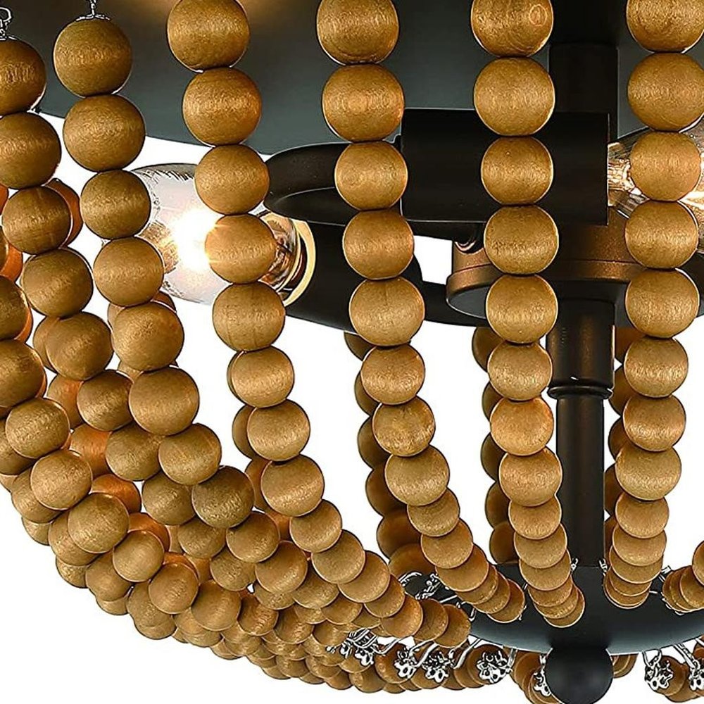 Brown And Black Wood Bead Three Light Flush Mount Ceiling Light