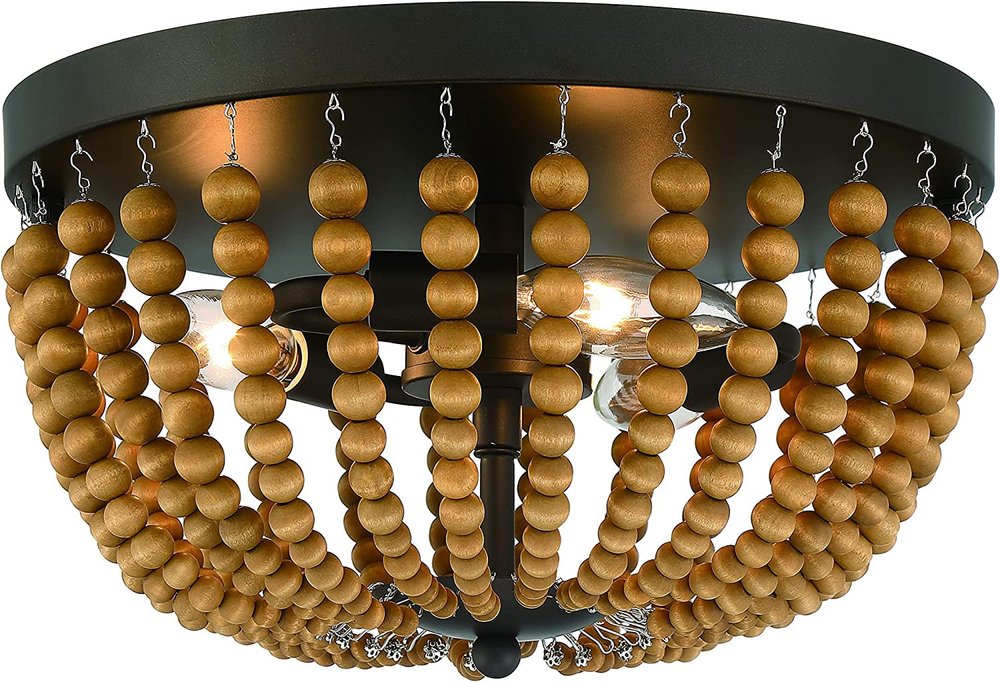 Brown And Black Wood Bead Three Light Flush Mount Ceiling Light