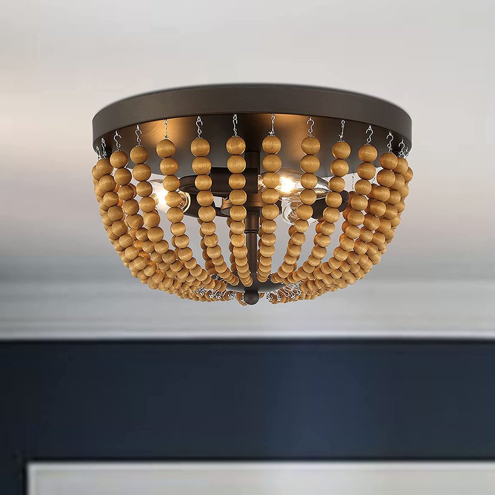 Brown And Black Wood Bead Three Light Flush Mount Ceiling Light